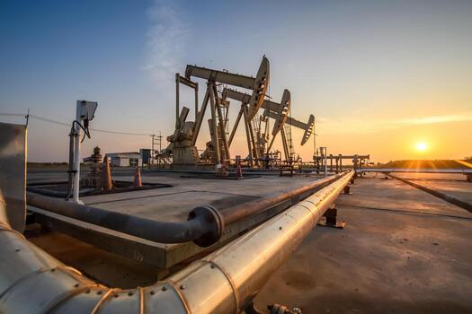 Oil rig or oil field in the evening the gas station is running gas station and beautiful sunset of the pumping unit in the evening photo